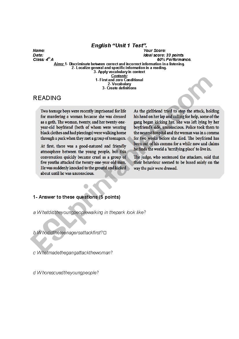 test on zero and first conditional reading and listening