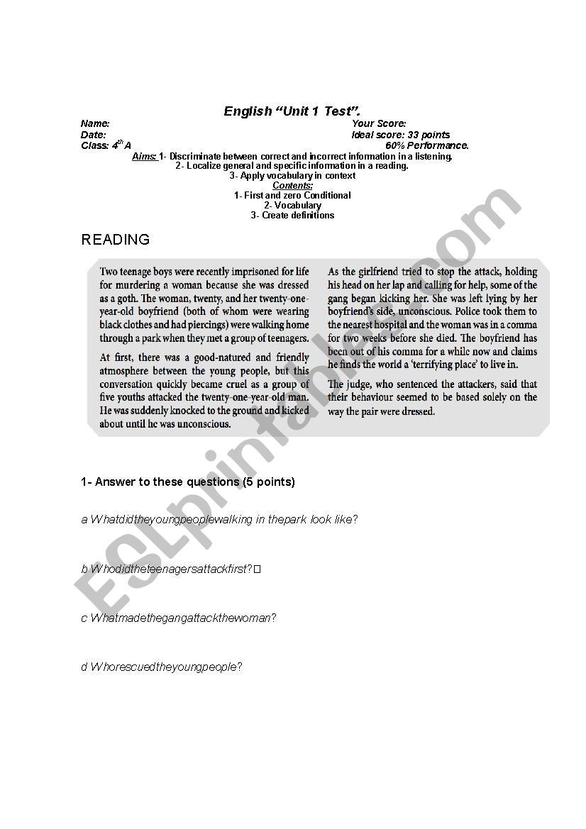 test on zero and first conditional reading and listening