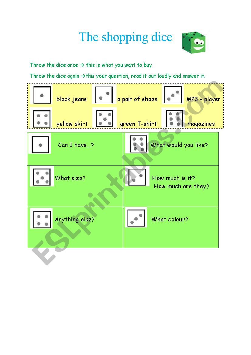 The shopping dice worksheet