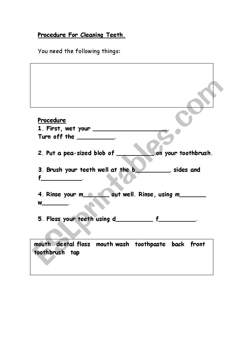 Procedure Teeth worksheet