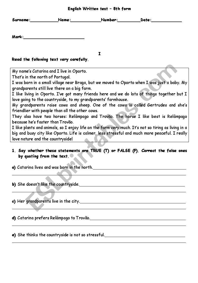 English test paper - 8th form efl