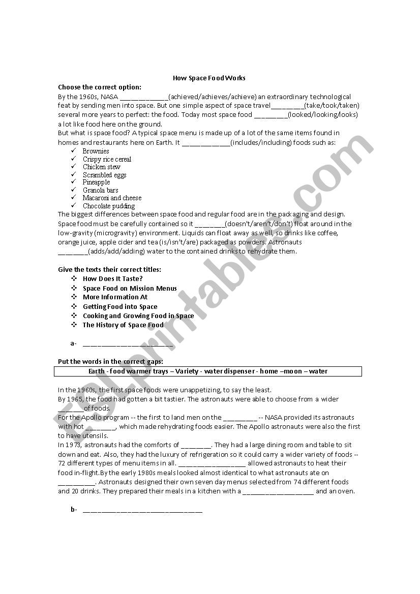 All About Space Food worksheet