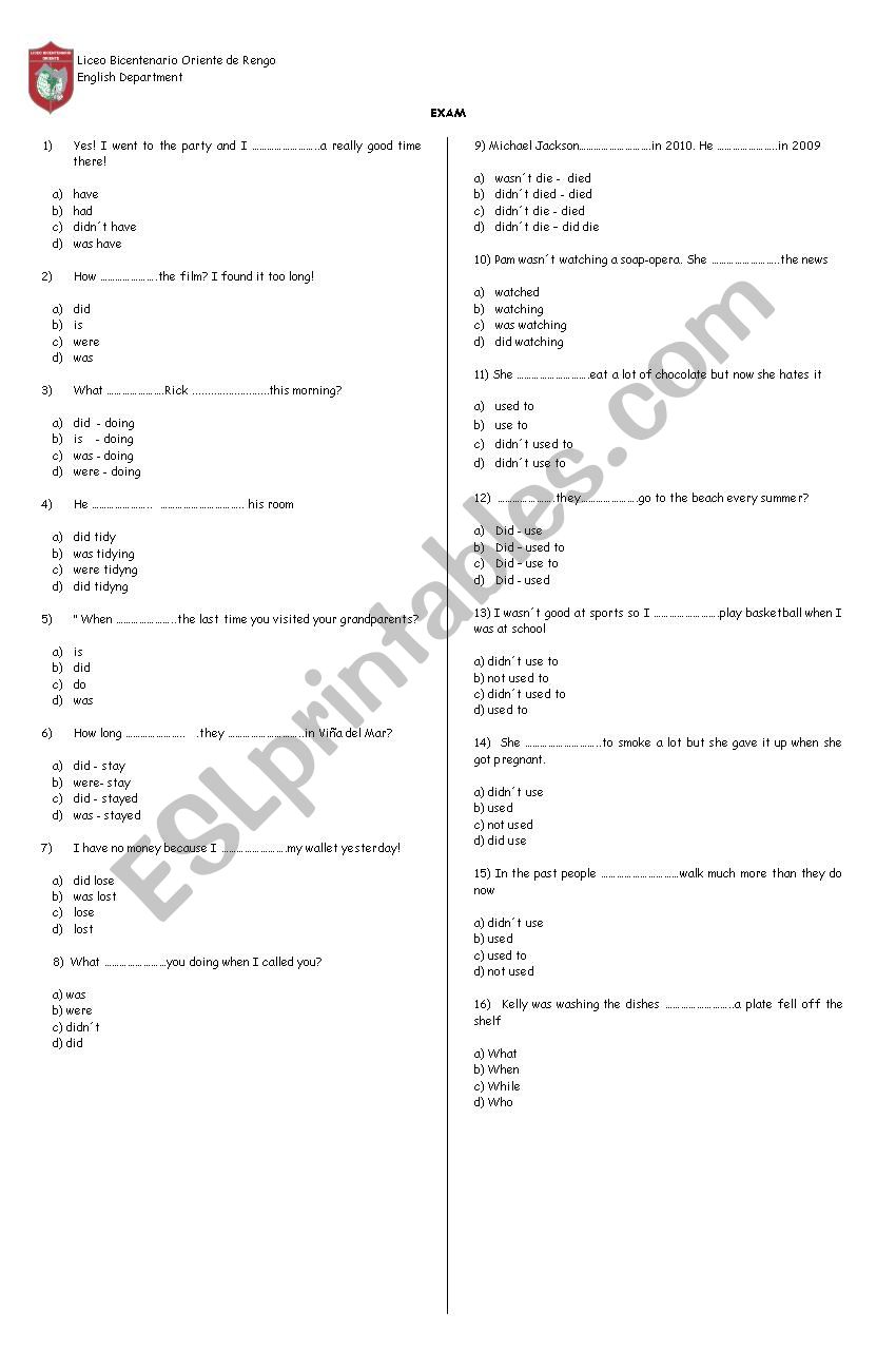 exam past tense and more worksheet