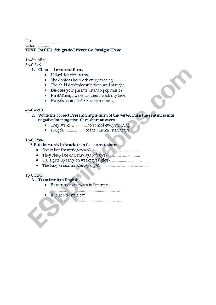 Test paper Present Simple worksheet