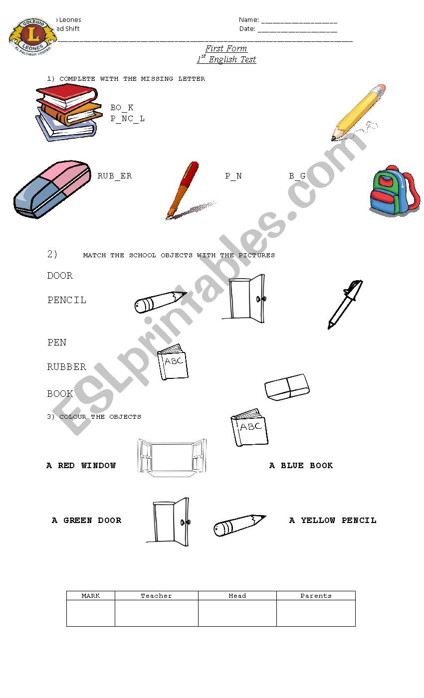 School Objects Test worksheet