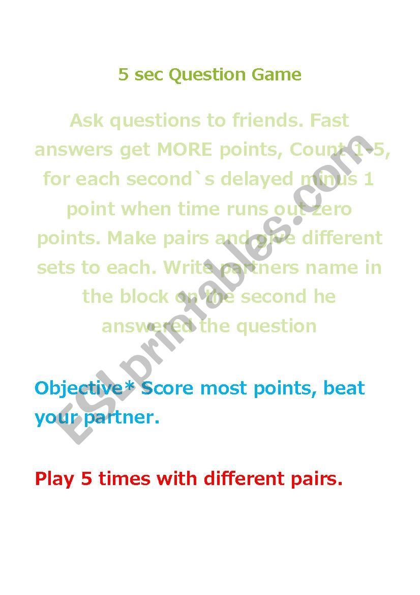 5 Seconds Question Game worksheet