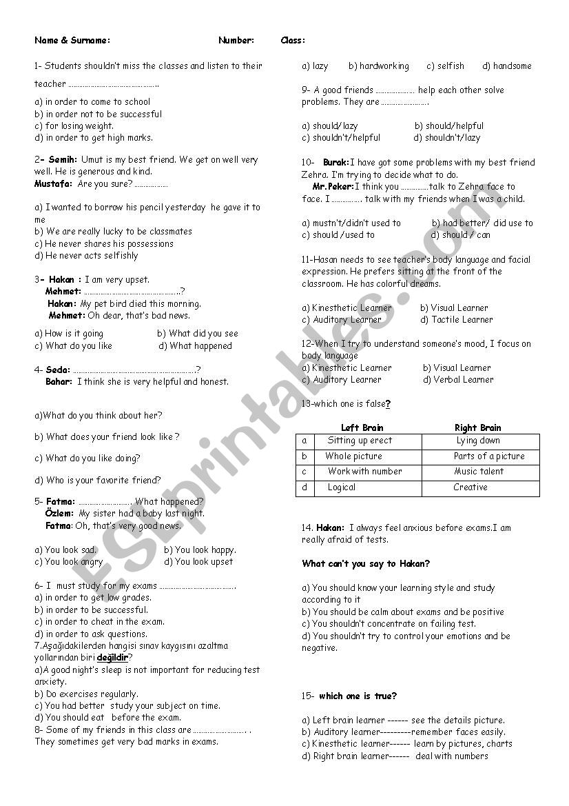 test yourself worksheet