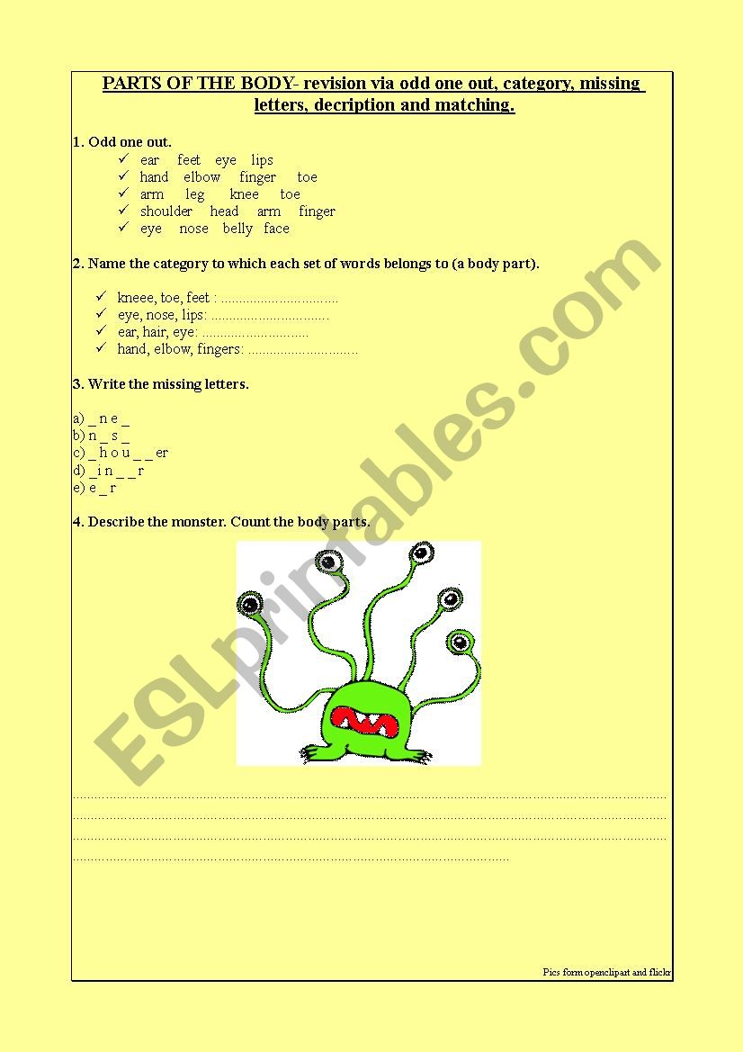 PARTS OF THE BODY- revision via odd one out, category, missing letters, description and matching