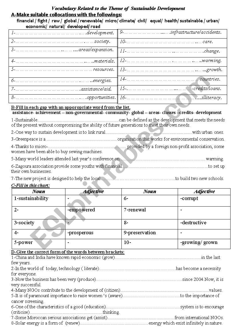 Sustainable Development worksheet