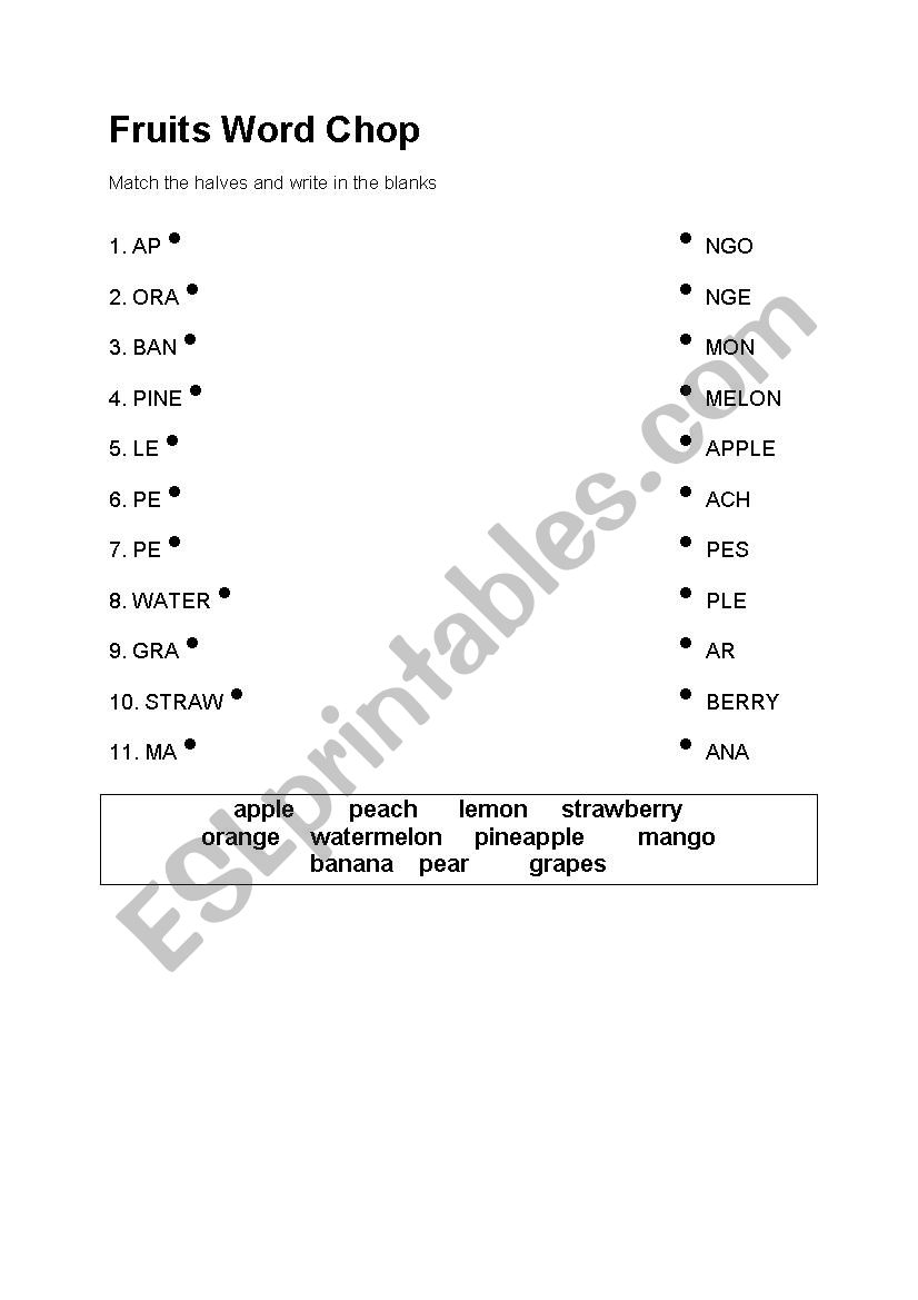Fruits Word Chop worksheet