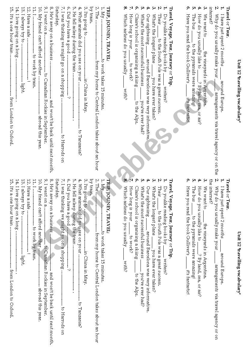 trip travel exercises worksheet