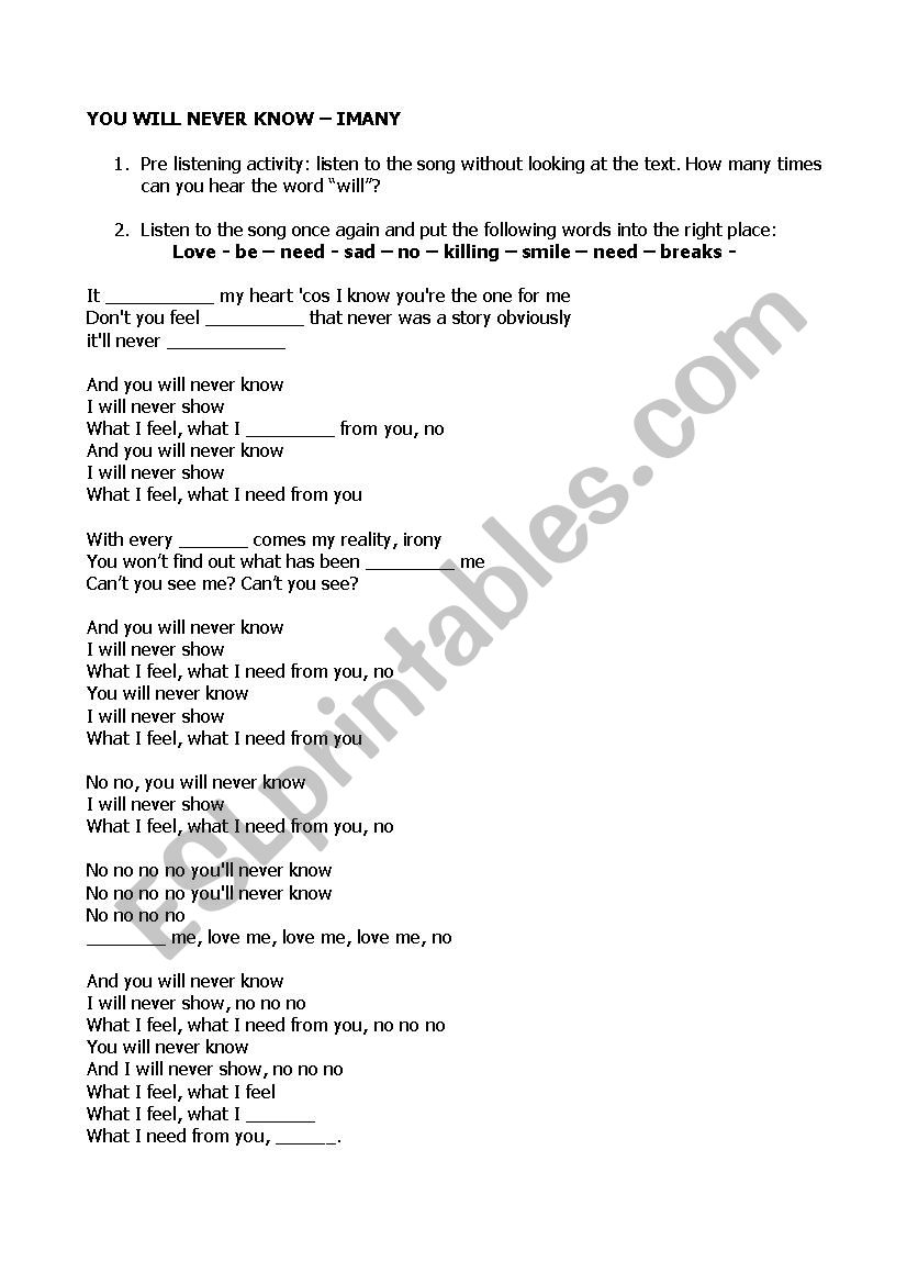 YOU WILL NEVER KNOW song worksheet