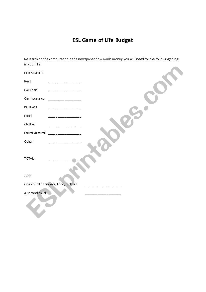 Budgeting worksheet