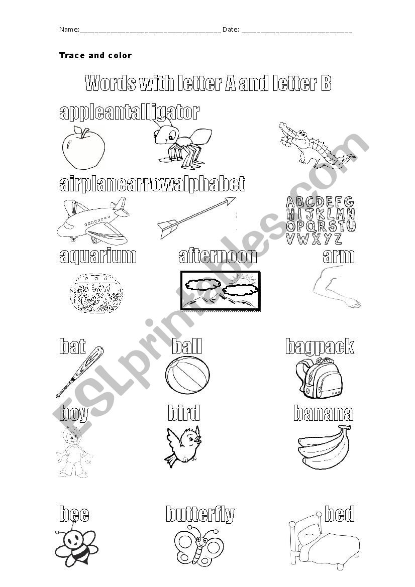 words with lettes A to D worksheet