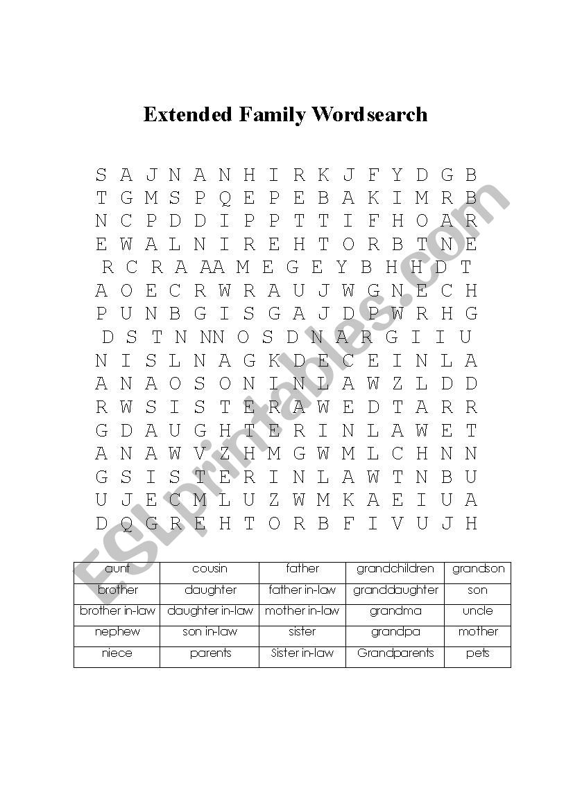 Extended family Wordsearch worksheet