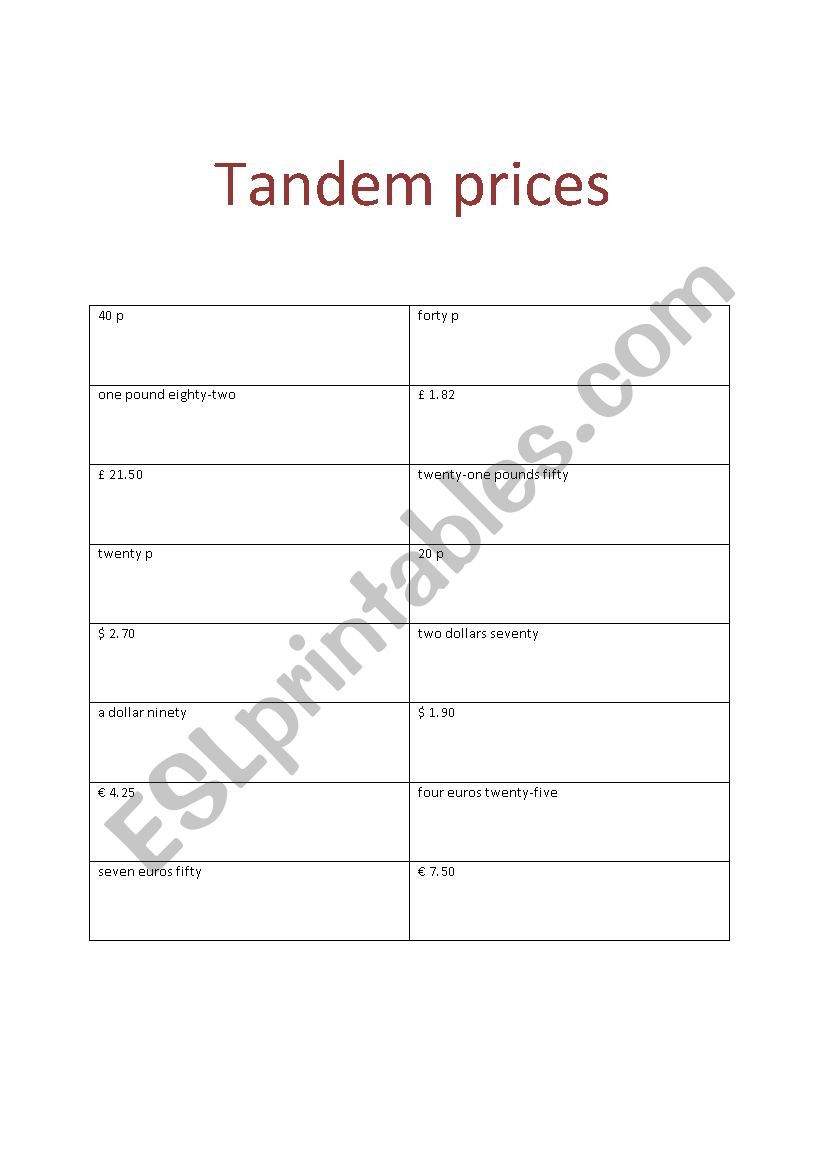 Tandem prices worksheet