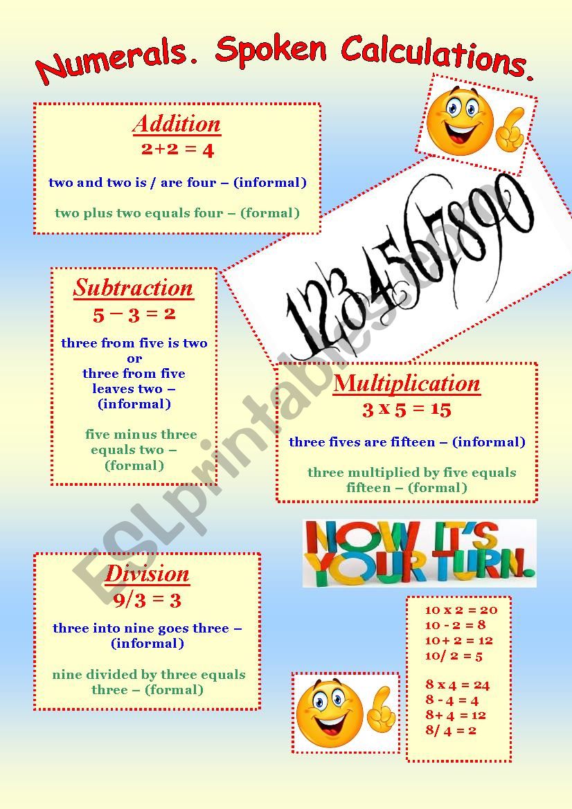 Numerals: addition, subtraction, multiplication, division. 