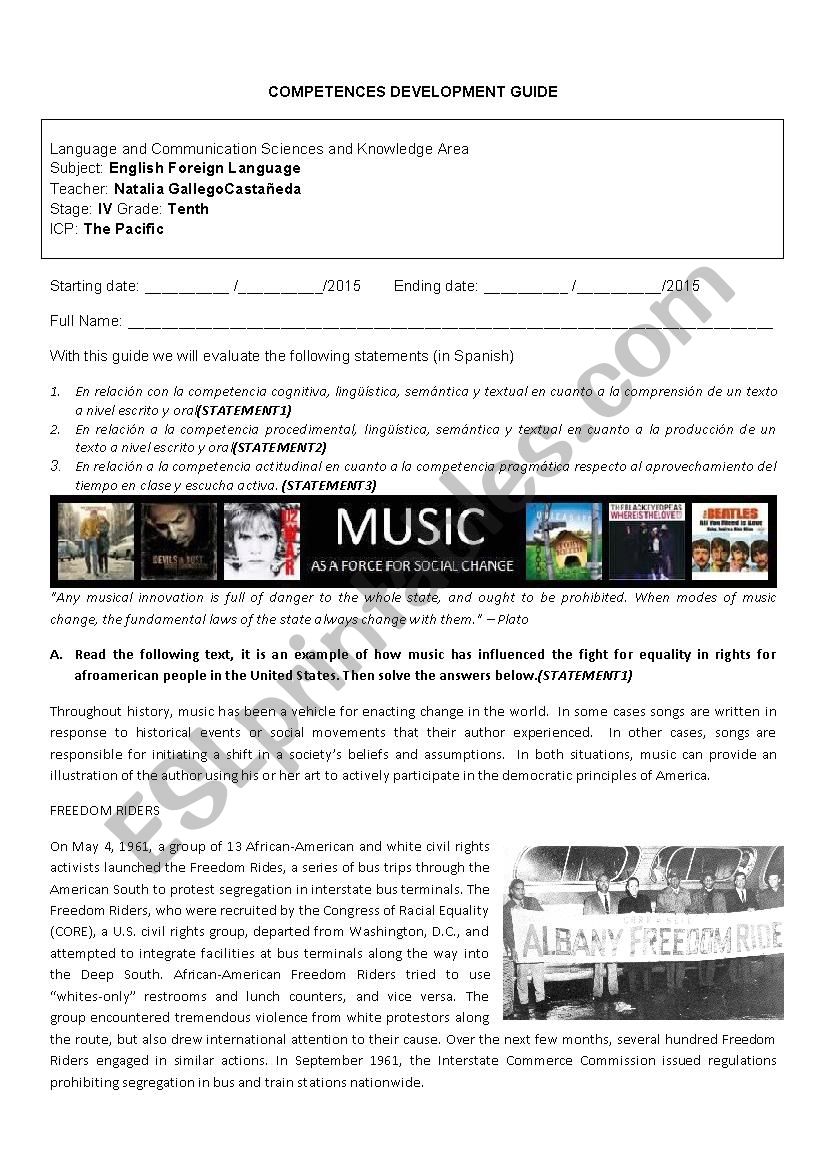 Protest Music worksheet