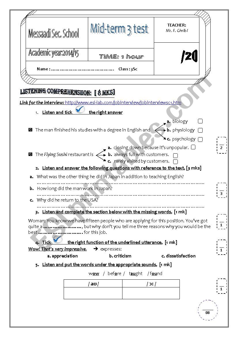 Mid-term 3 test  //  3rd forms  Sc // Tunisia students