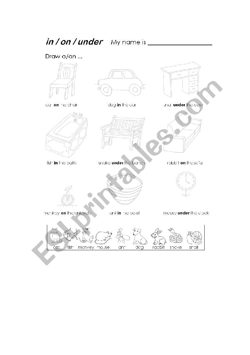 in, on, under worksheet