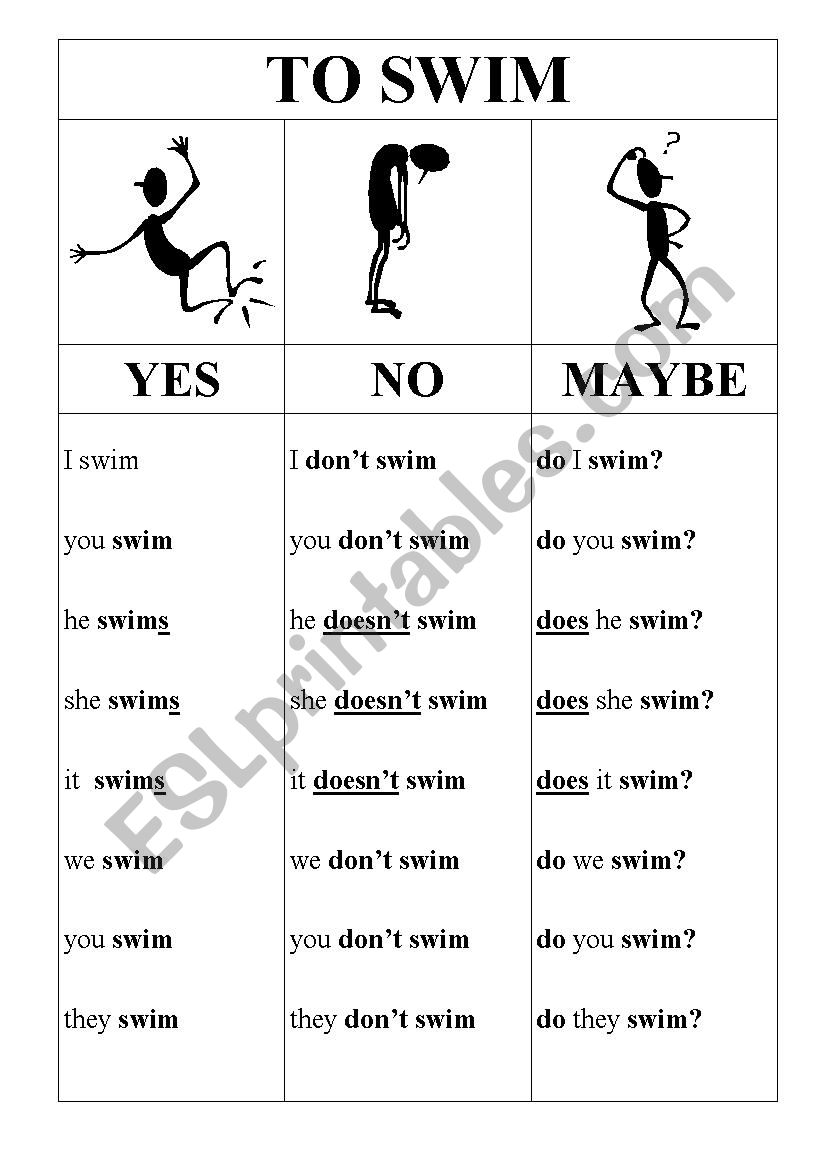 Verb to swim worksheet