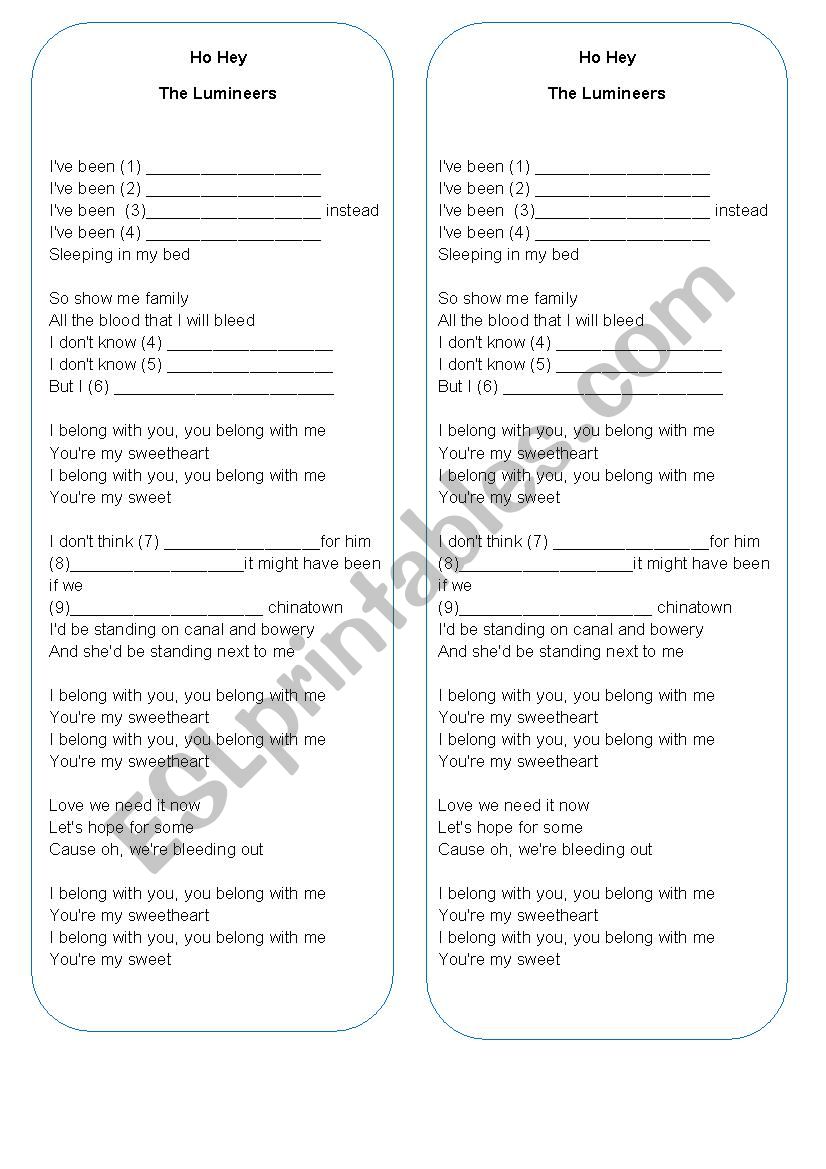 Song activity - Present Perfect Continuous (The Lumineers - Ho hey)