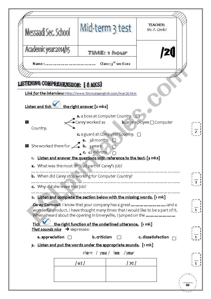 Mid-term 3 test  / 3rd forms esc edu / Tunisian tests