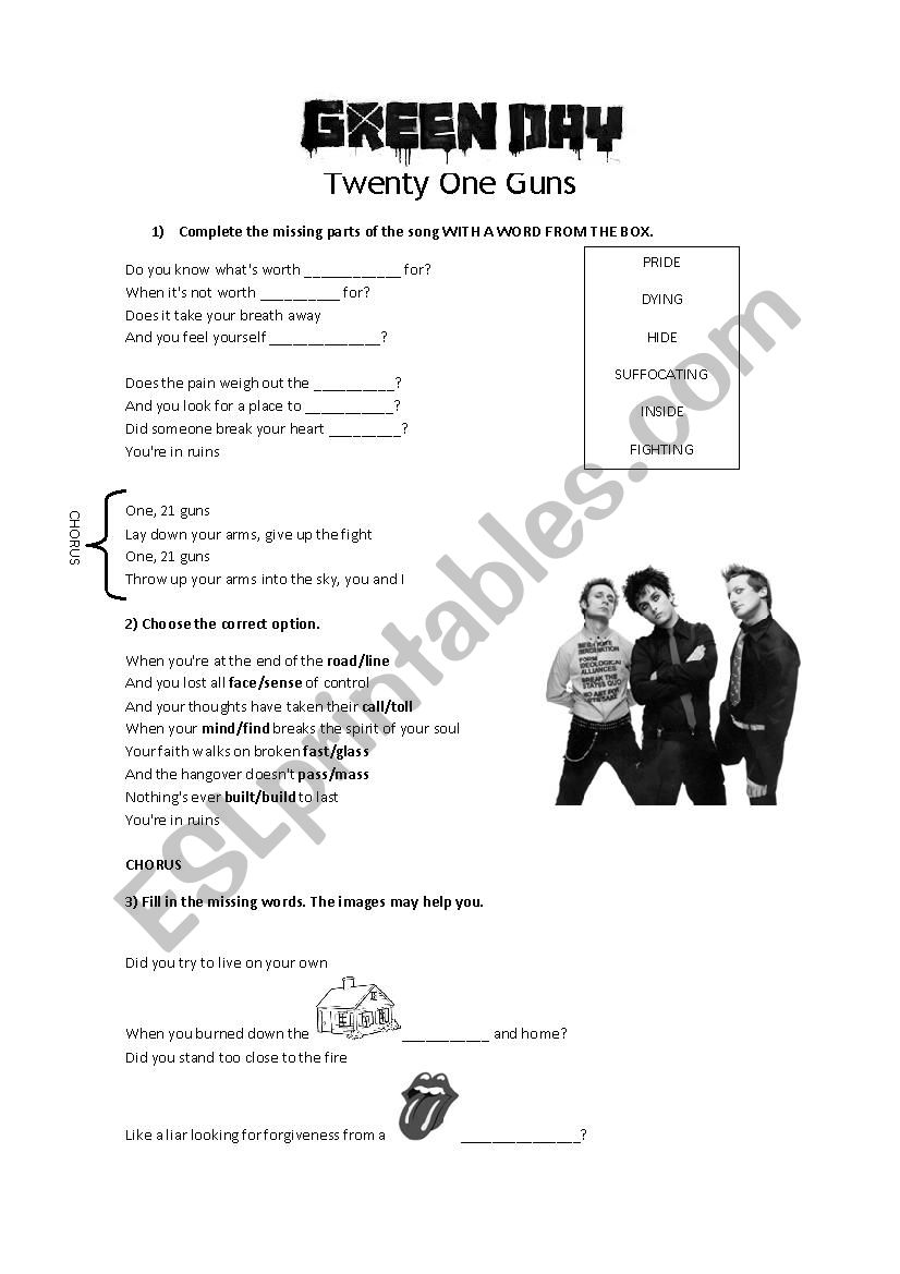 Green Day - Twenty One Guns worksheet