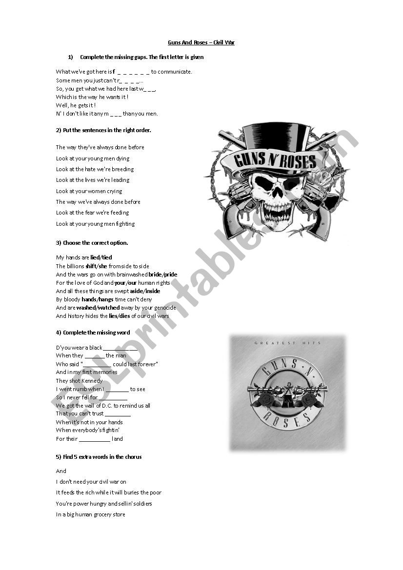 Guns and Roses - Civil war worksheet