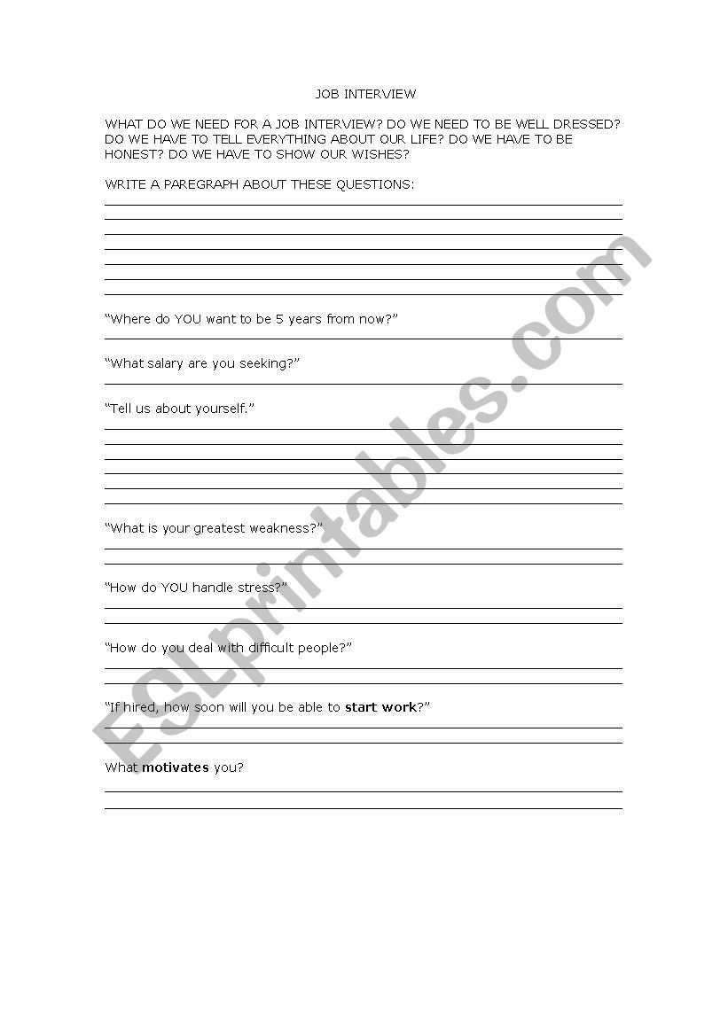 job interview worksheet