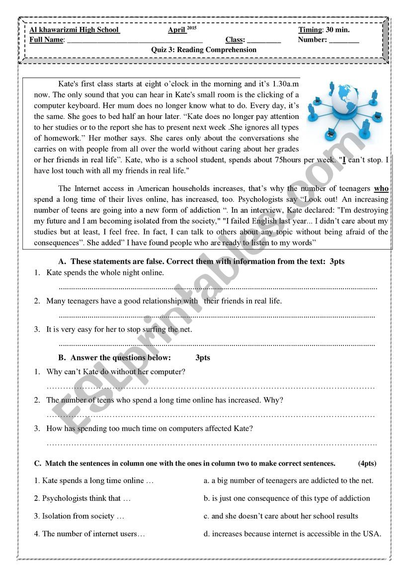 Internet addiction  worksheet