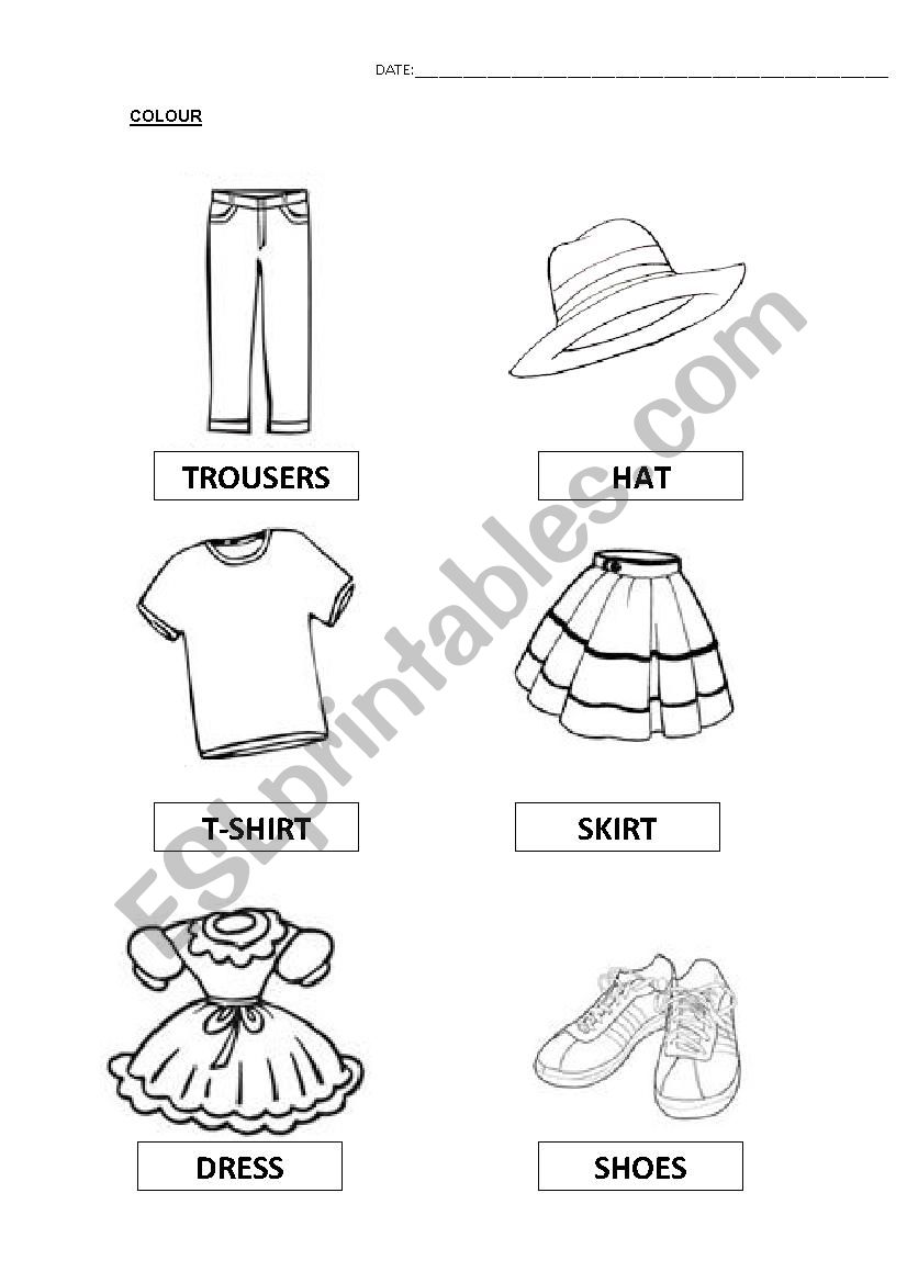 Colour the clothes worksheet