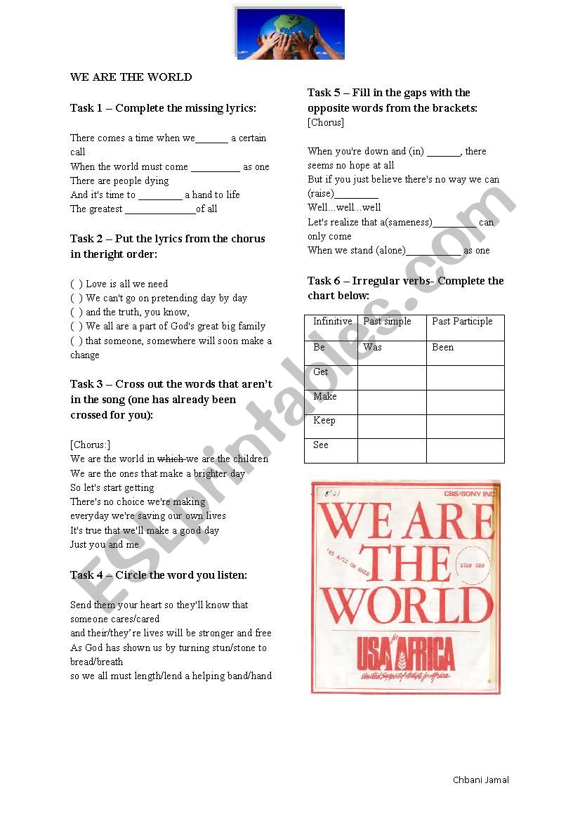 We are the world worksheet