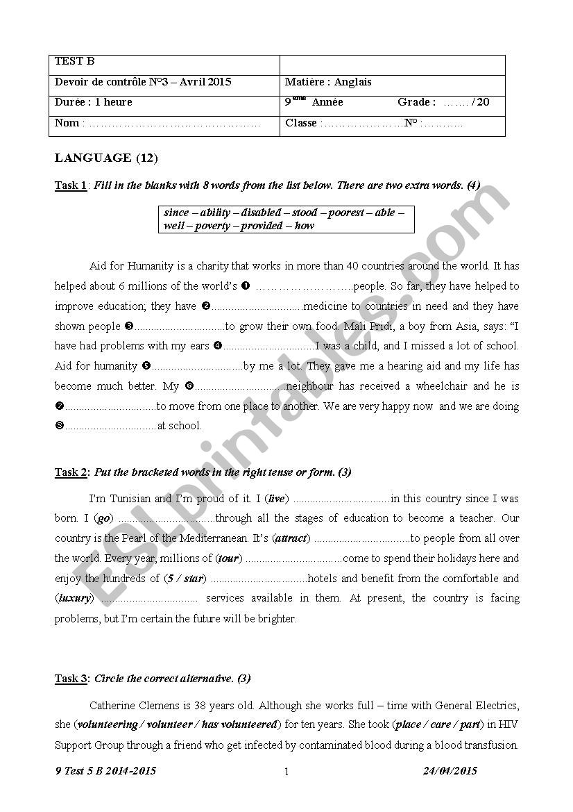 9 Test 5 B 2014-2015 worksheet