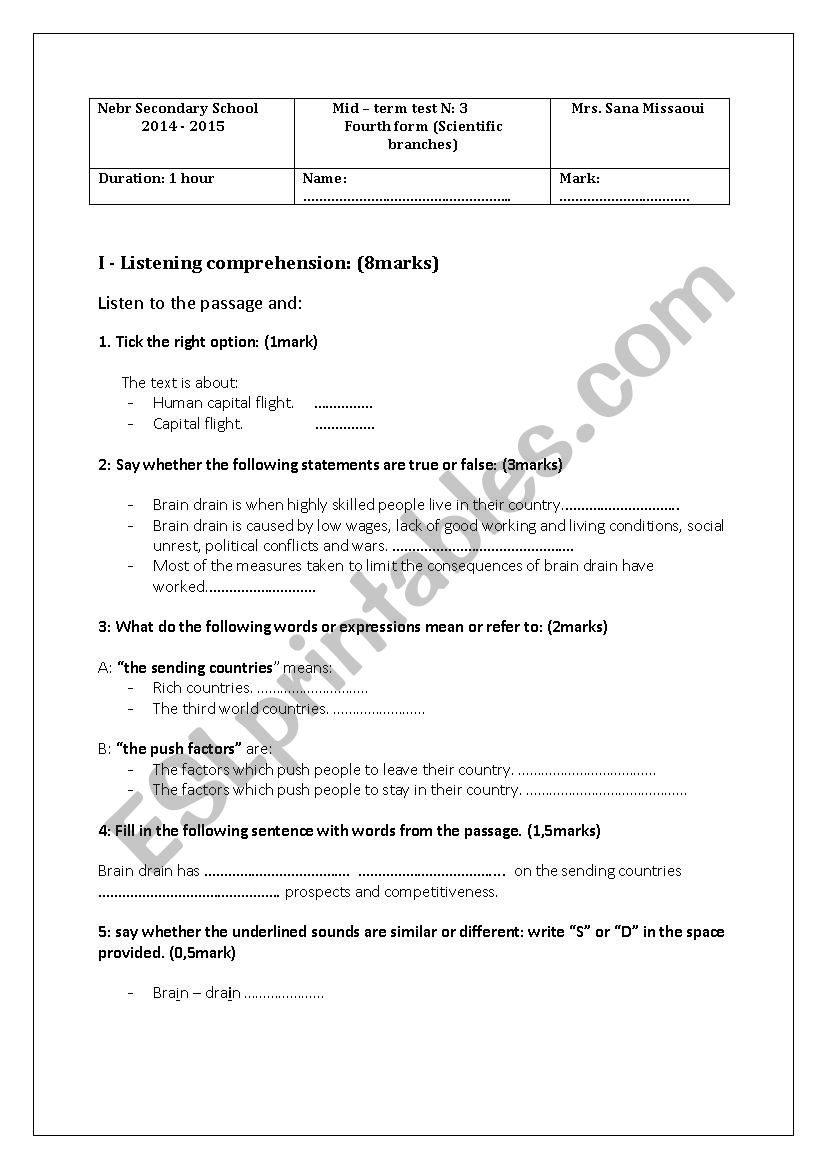 exam worksheet