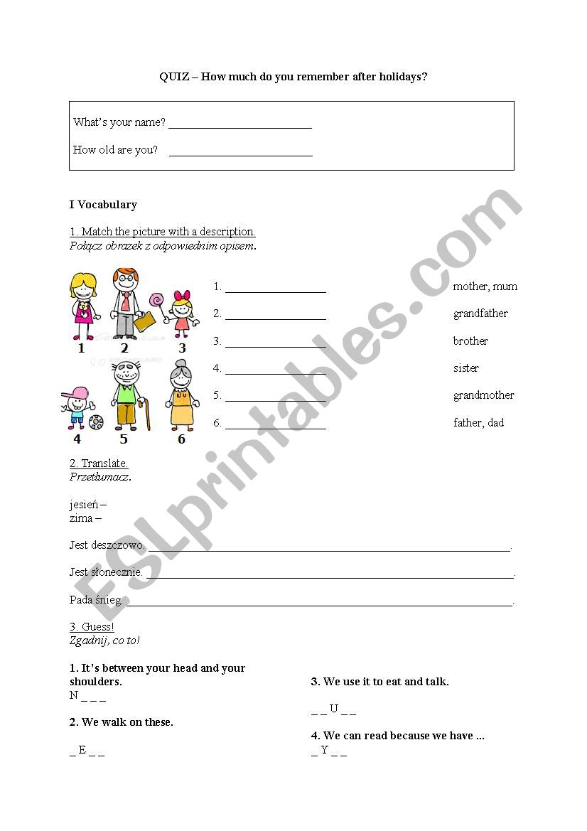 QUIZ after holidays for kids worksheet