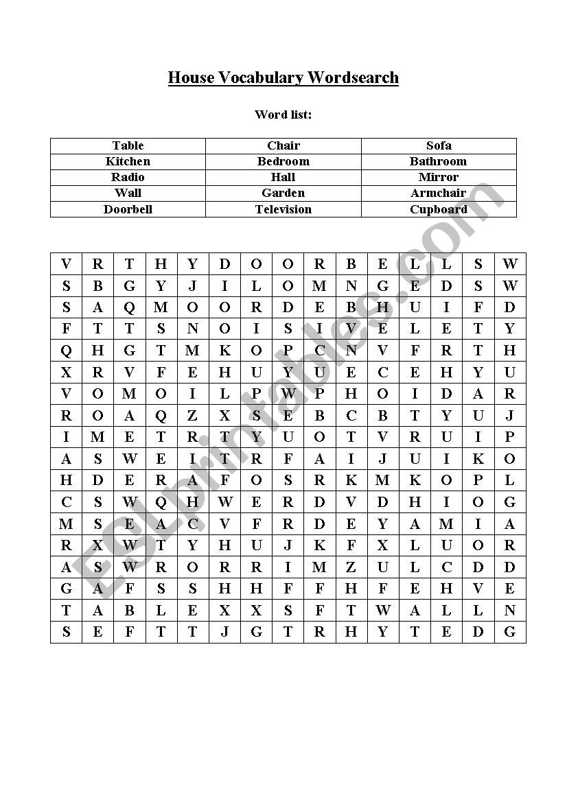 House wordsearch worksheet