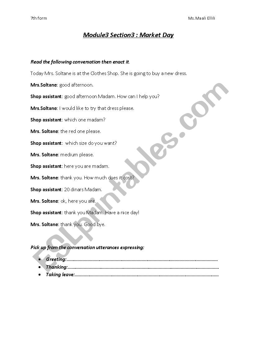 market day  worksheet