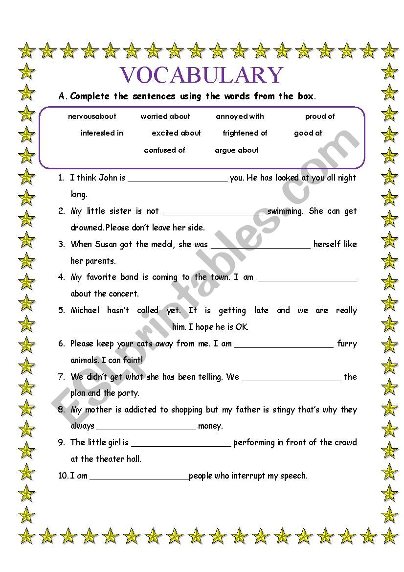 Adjective + preposition worksheet