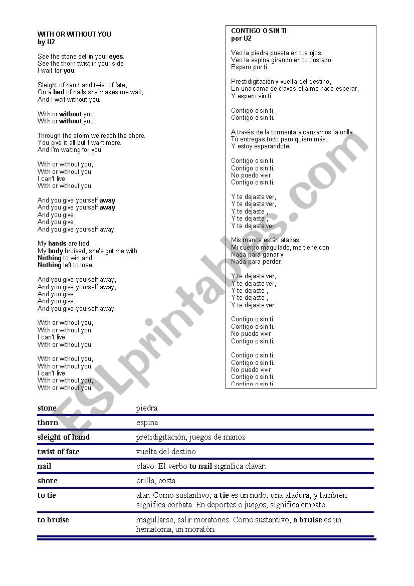 With or without you worksheet