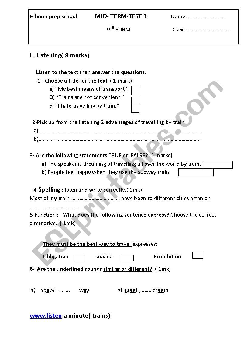 Mid term 3 9 th grade worksheet