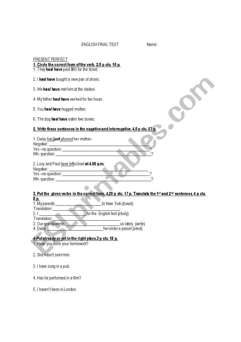 englishtestpresentperfect worksheet englishtestpresentperfect worksheet