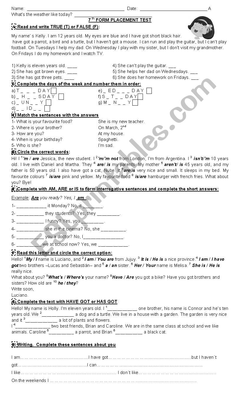 Placement test worksheet