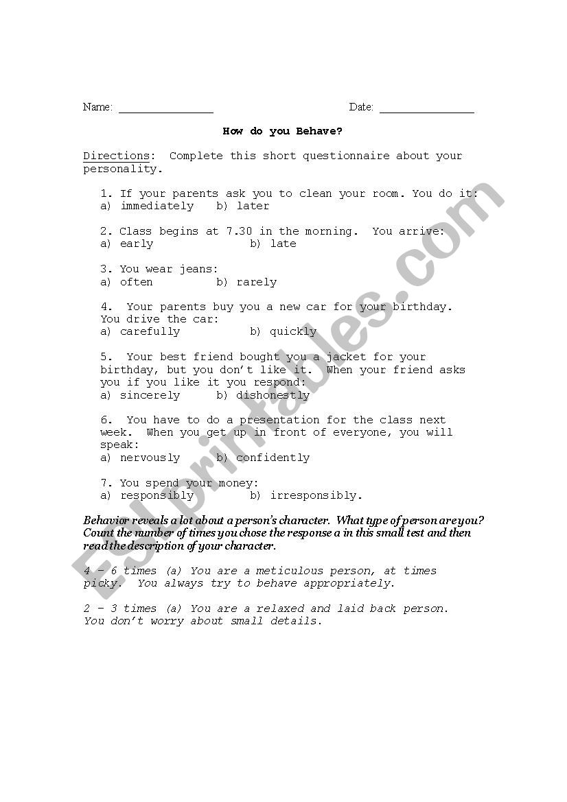 Adverb Questionnaire worksheet