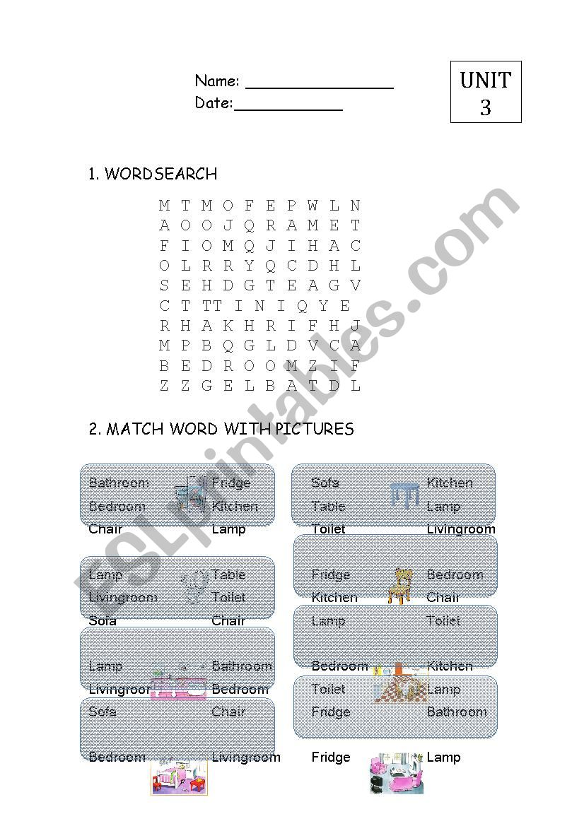wordsearch & match word with picture -PARTS OF THE HOUSE- fast learners