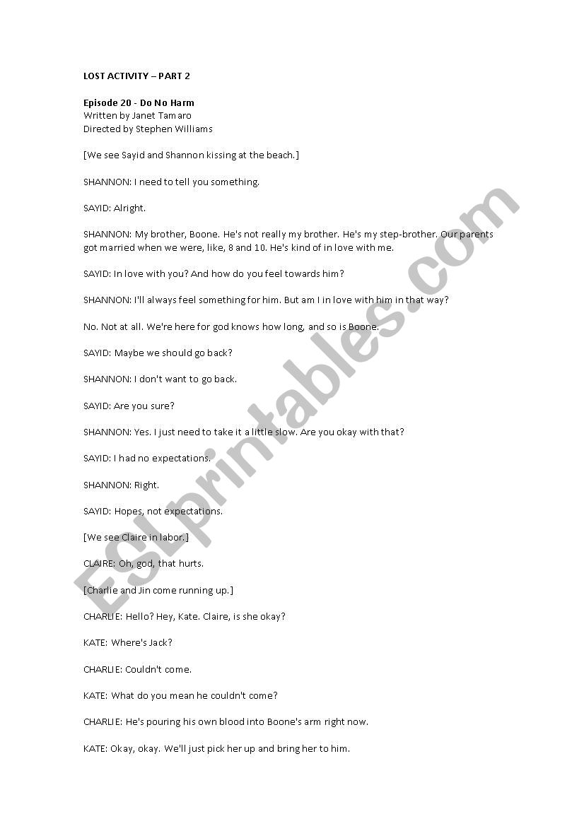 Serie Activity: Lost - Episode 20, Season 1 - PART 2