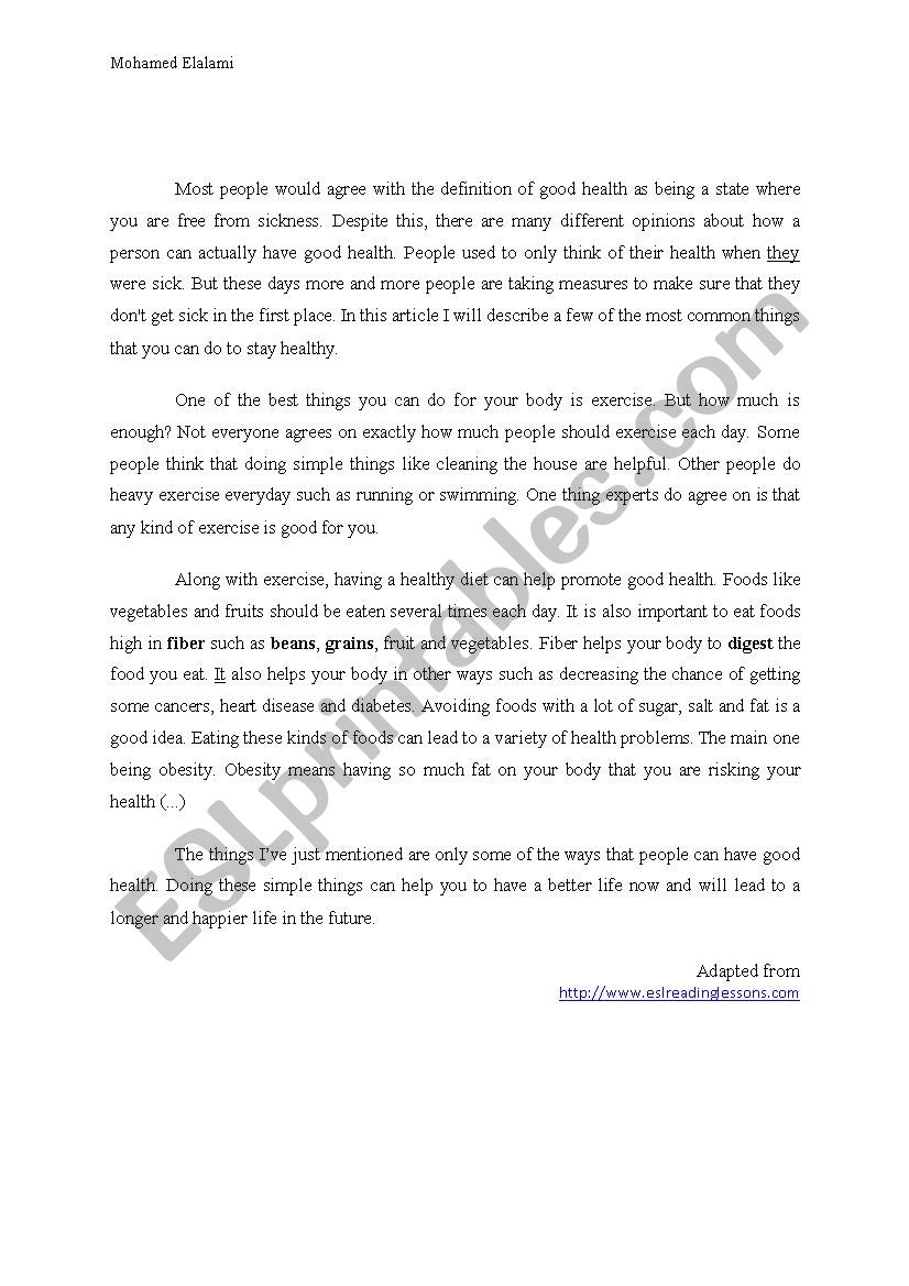 Reading Comprehension Text about ´keeping healthy´. 