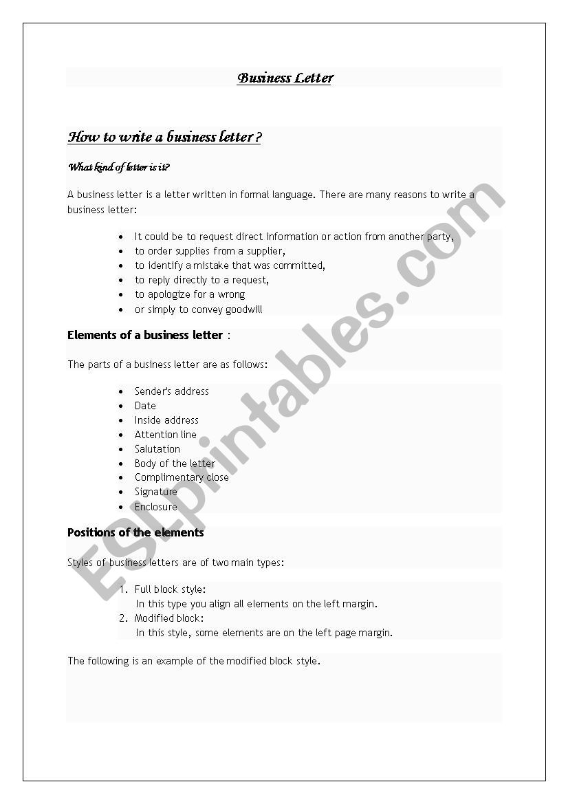 writing a business letter  worksheet