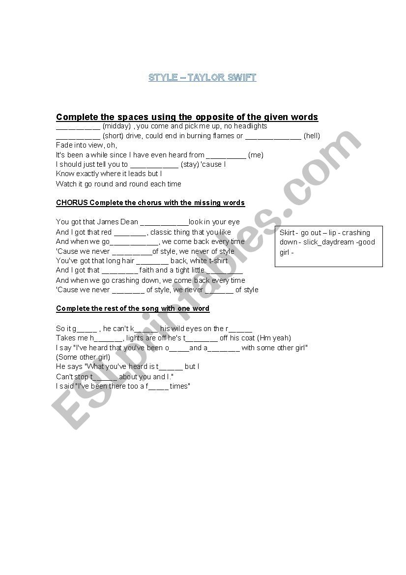 Style - Taylor Swift worksheet