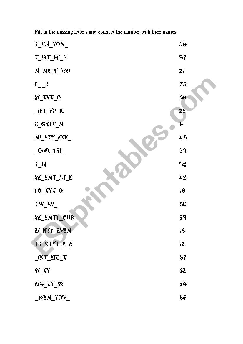 Work sheet fill in gap numbers 4